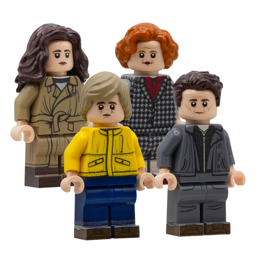 Four custom minifigures representing characters from the Netflix show, Dark, wearing their characteristic outfits.