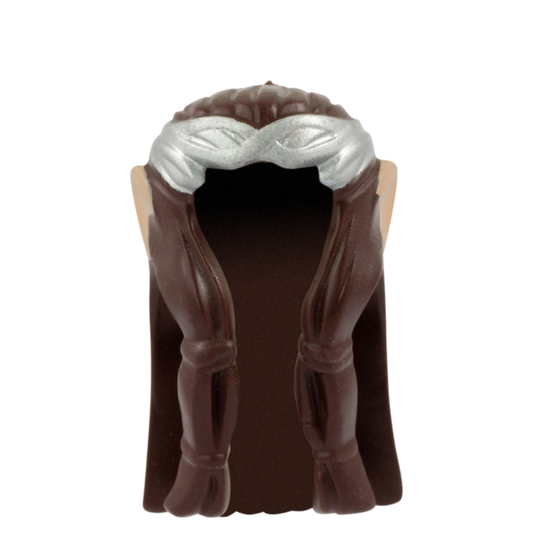 Long Dark Brown Hair with Silver Crown and Light Skin Elf Ears - LEGO Minifigure Hair