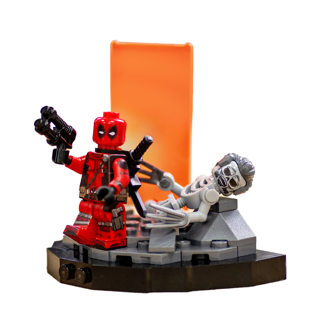 Minifigure inspired by Deadpool, standing on a custom LEGO display based on the scene from Deadpool and Wolverine movie, featuring orange Timedoor and the remains of Wolverine in LEGO form.