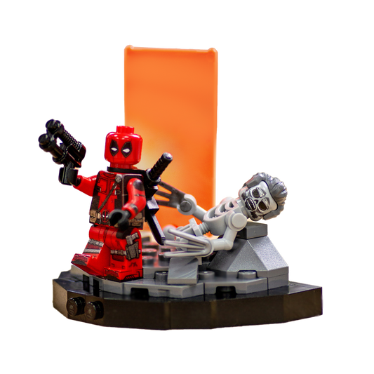 Minifigure inspired by Deadpool, standing on a custom LEGO display based on the scene from Deadpool and Wolverine movie, featuring orange Timedoor and the remains of Wolverine in LEGO form.