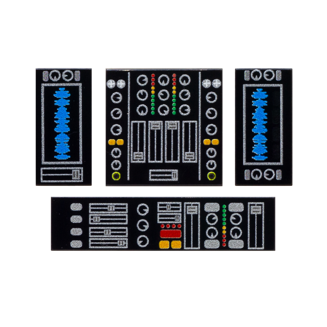 Custom LEGO printed tiles for LEGO DJ booth featuring colourful detailed controls printed on four black LEGO tiles