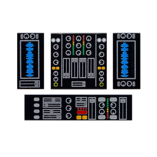Custom LEGO printed tiles for LEGO DJ booth featuring colourful detailed controls printed on four black LEGO tiles