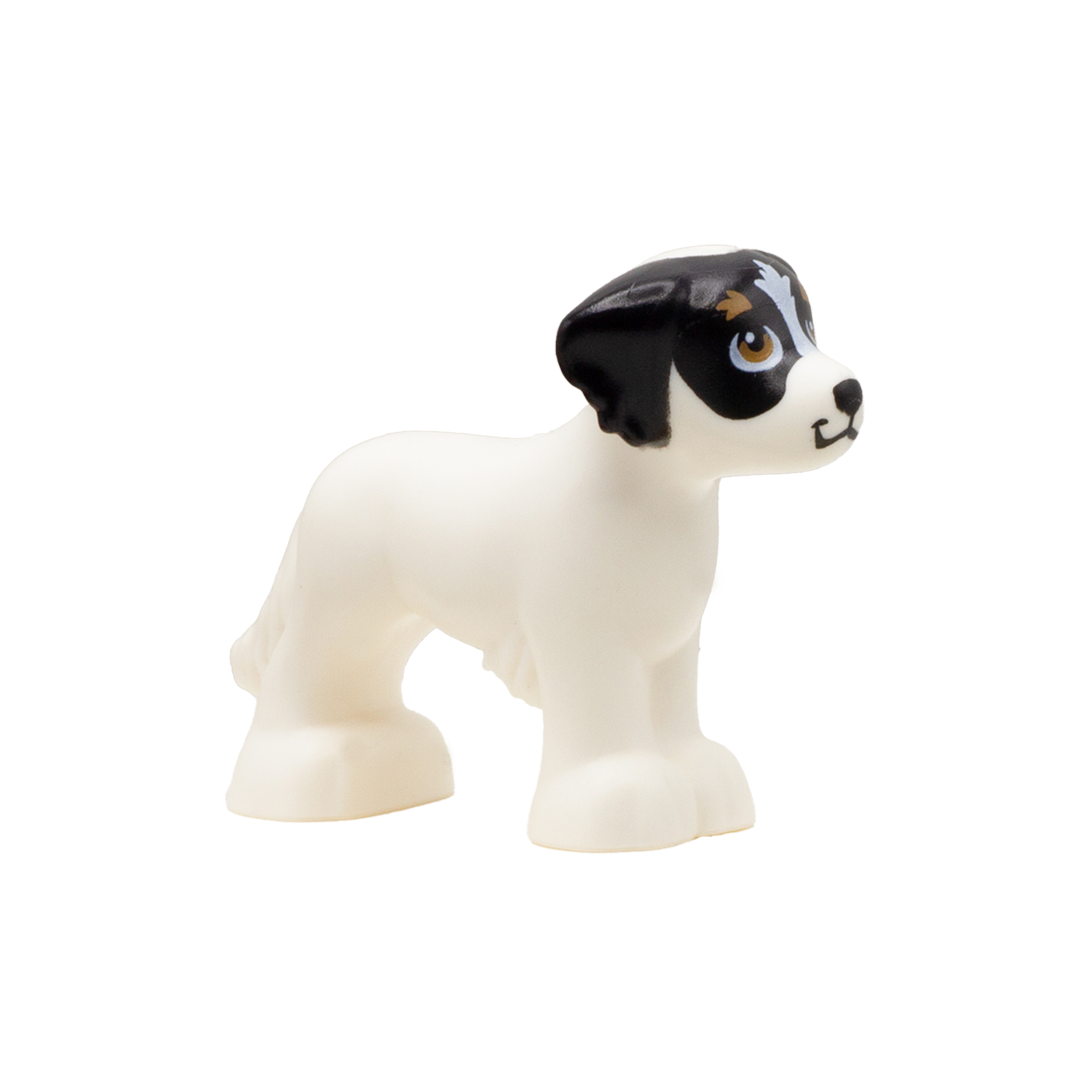LEGO white dog with brown eyes and, cute smiley face and black marks around eyes and ears.