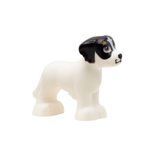 LEGO white dog with brown eyes and, cute smiley face and black marks around eyes and ears.