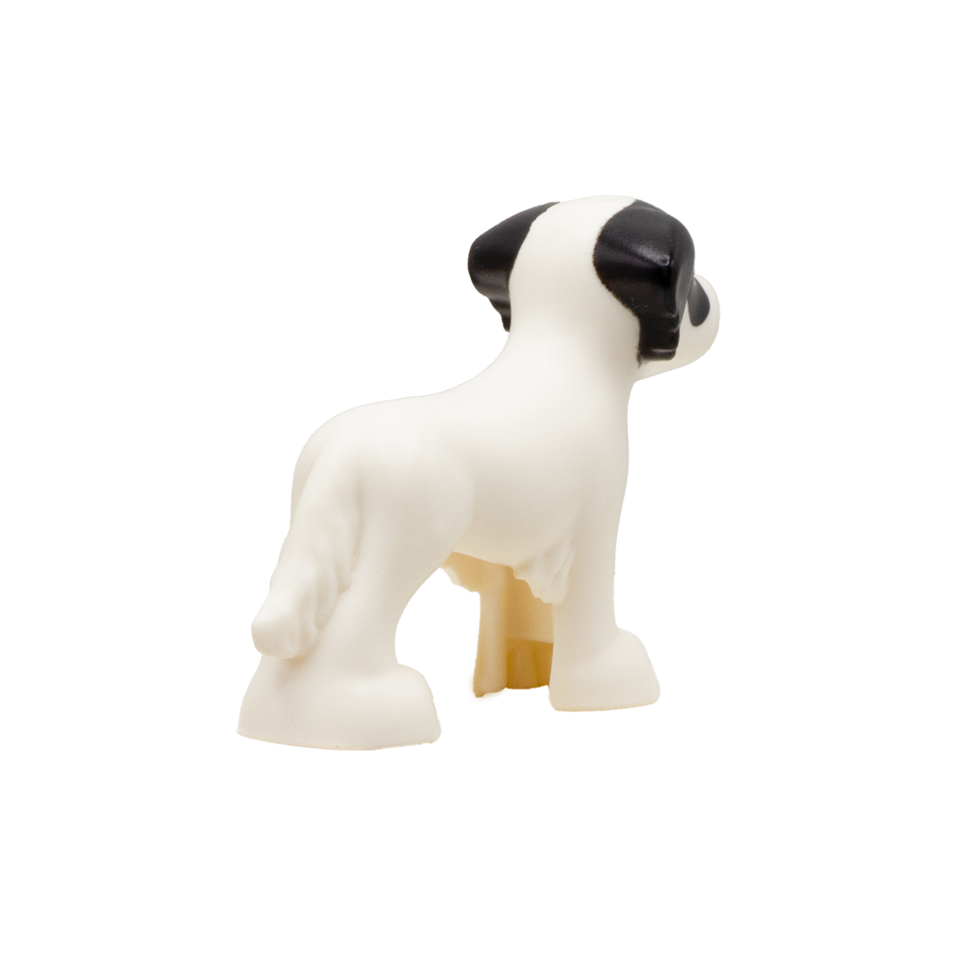 LEGO white dog with brown eyes and, cute smiley face and black marks around eyes and ears.
