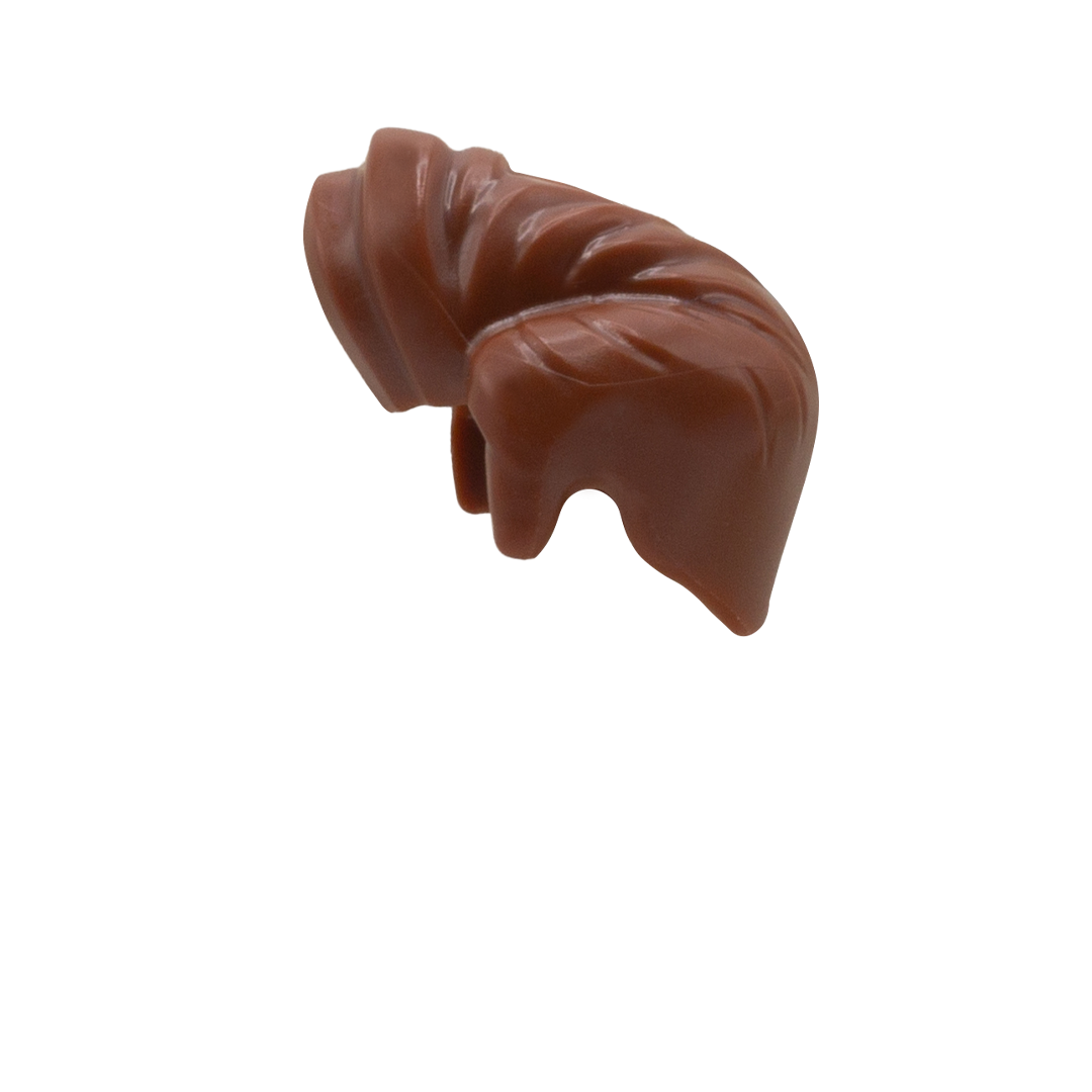 Brown short LEGO minifigure hair with a high quiff in Elvis style. Side view.