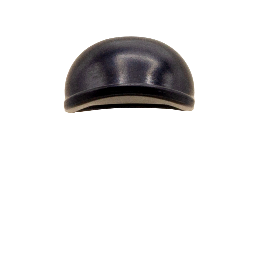 Black LEGO flat peak cap LEGO minifigure accessory. Front view
