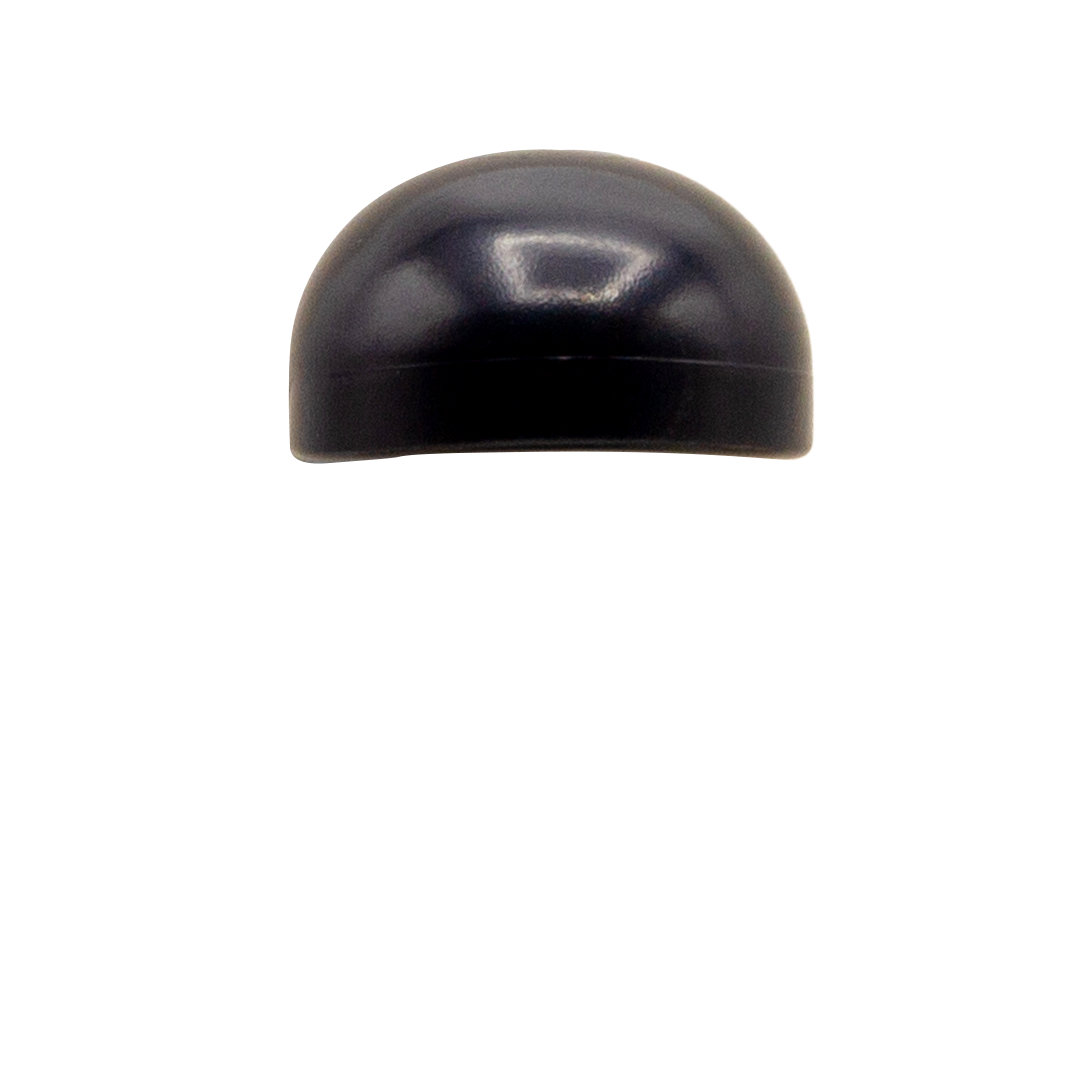 Black LEGO flat peak cap LEGO minifigure accessory. Rear view
