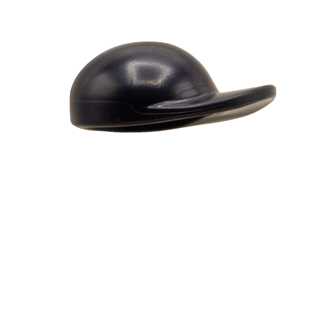 Black LEGO flat peak cap LEGO minifigure accessory. Side view