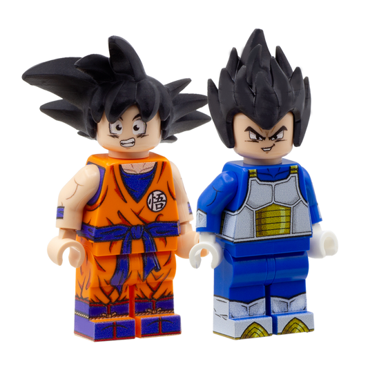 Custom printed LEGO minifigures inspired by Goku and Vegeta from Dragon Ball manga and anime series.