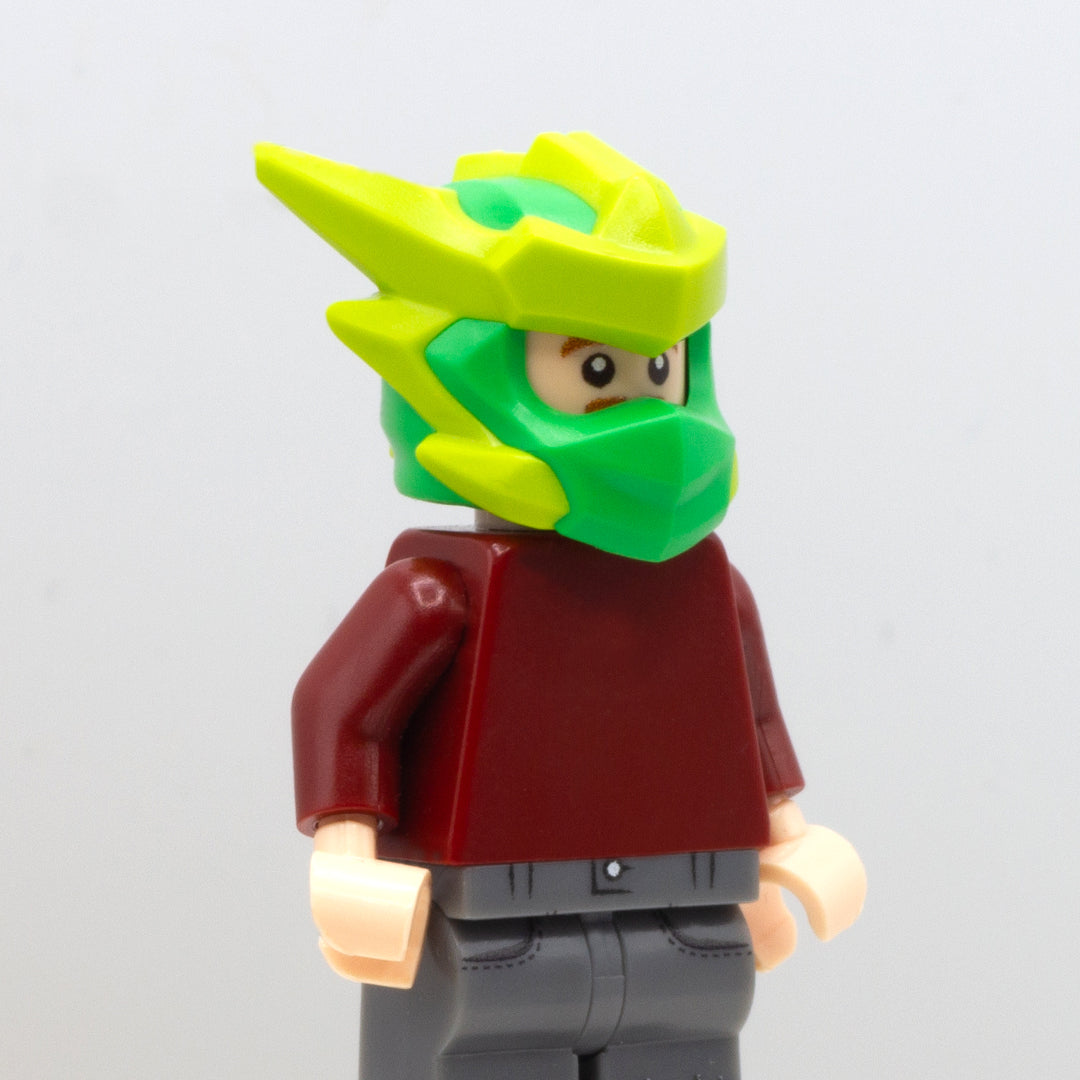 LEGO minifigure wearing genuine LEGO Ninjago Dragons Rising headgear in green (Arc Dragon of Focus).