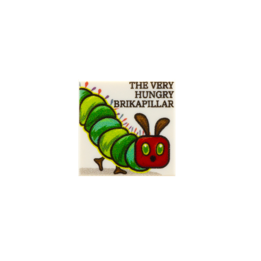 Custom printed LEGO tile with printed caterpillar on it to resemble The Very Hungry Caterpillar book