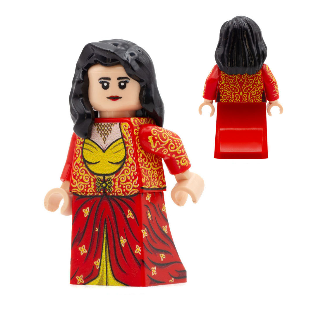 Custom LEGO minifigure of Inara from TV show Firefly in a red and gold dress 