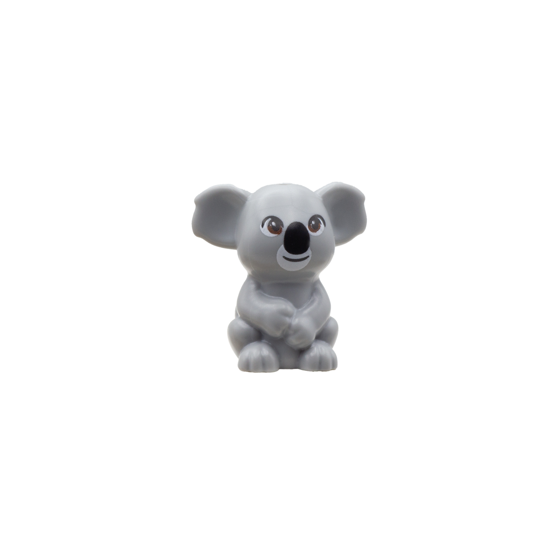 Cute grey LEGO koala with brown eyes and slight smile