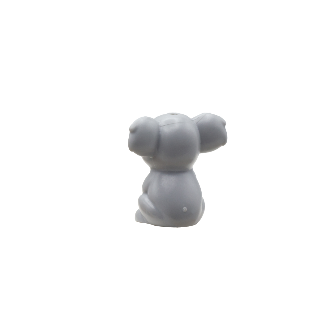 Cute grey LEGO koala with brown eyes and slight smile. Rear view