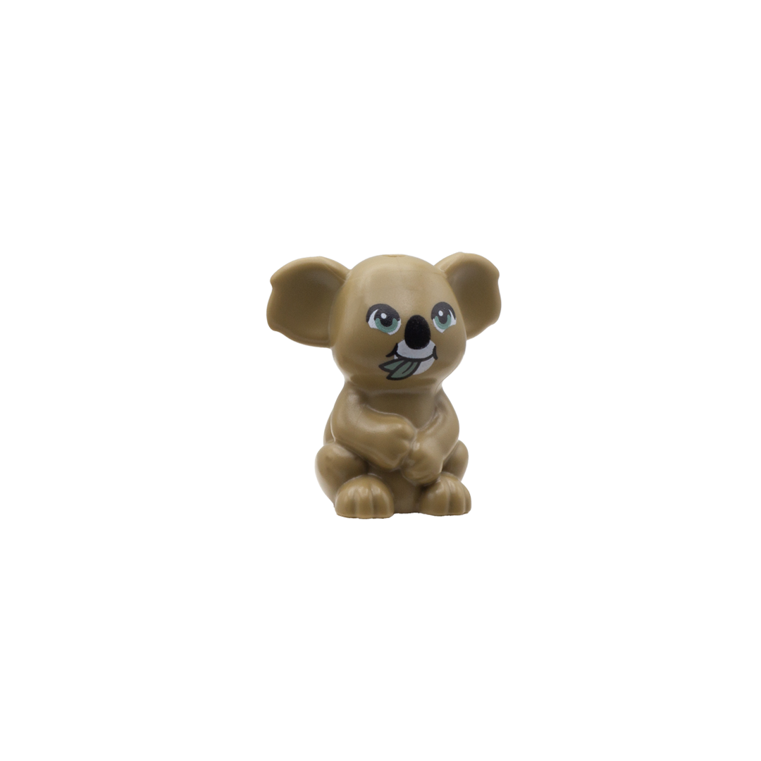 Cute dark tan eating LEGO koala with green eyes