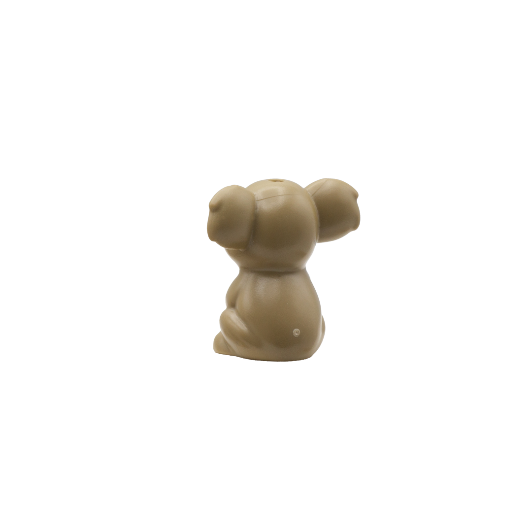 Cute dark tan eating LEGO koala with green eyes. Rear view
