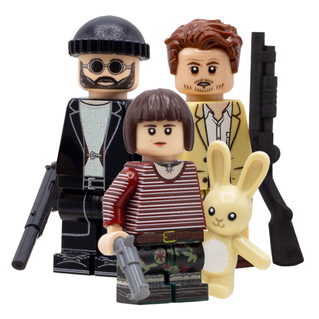 Custom minifigures inspired by characters from the movie Leon: The Professional - Leon, Mathilda and Stansfield. wearing outfits from the movie.