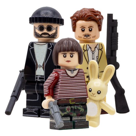 Custom minifigures inspired by characters from the movie Leon: The Professional - Leon, Mathilda and Stansfield. wearing outfits from the movie.
