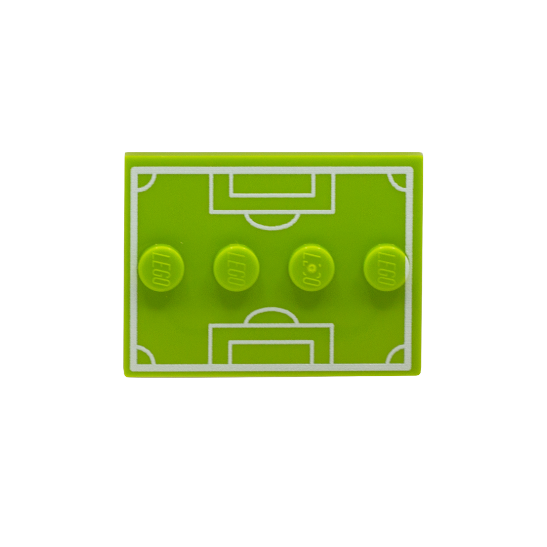 A bright green rectangular building block plate featuring a white soccer field graphic and four studs across the top, isolated on a white background.