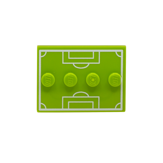 A bright green rectangular building block plate featuring a white soccer field graphic and four studs across the top, isolated on a white background.