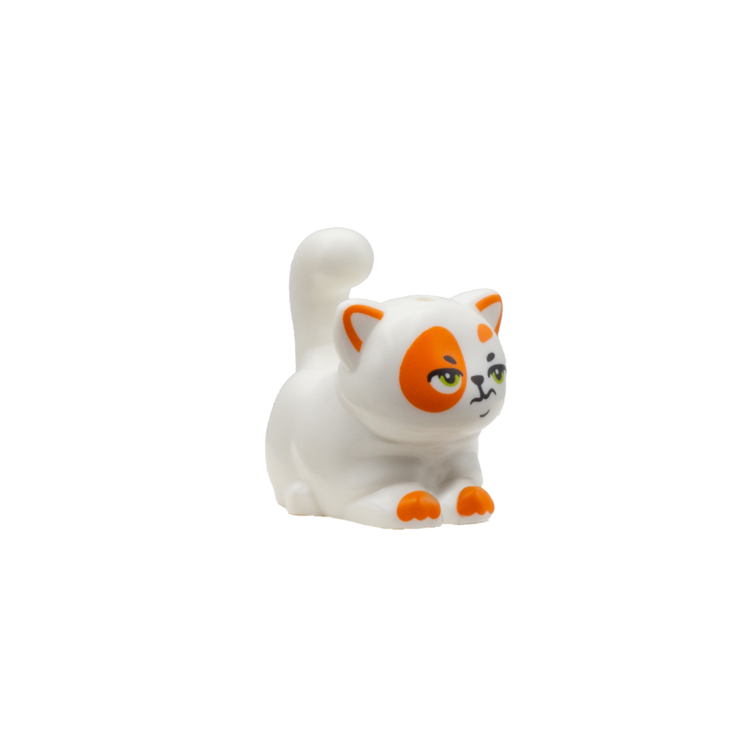 Chubby white LEGO cat with ginger patches and socks with a grumpy face