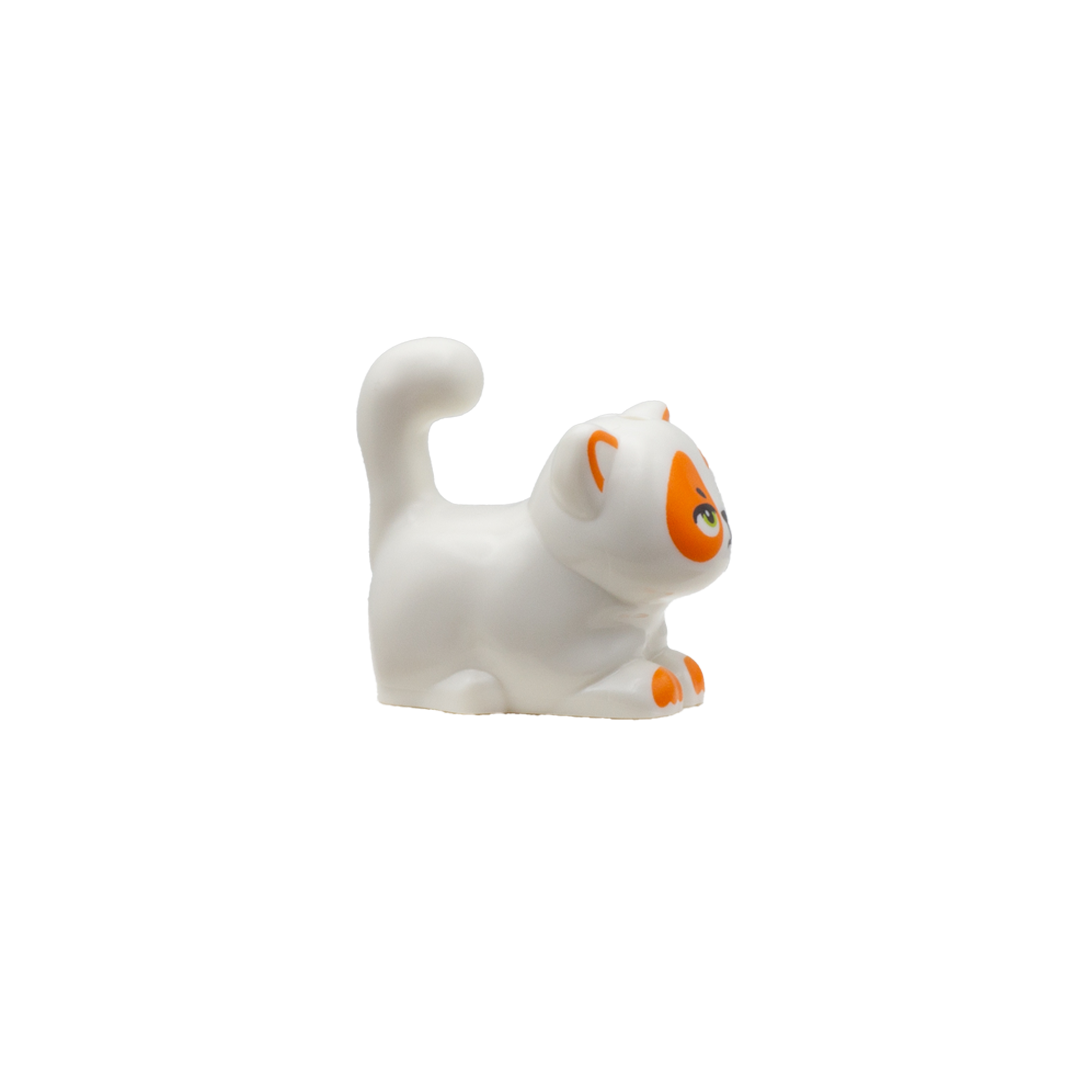 Chubby white LEGO cat with ginger patches and socks with a grumpy face. Side view
