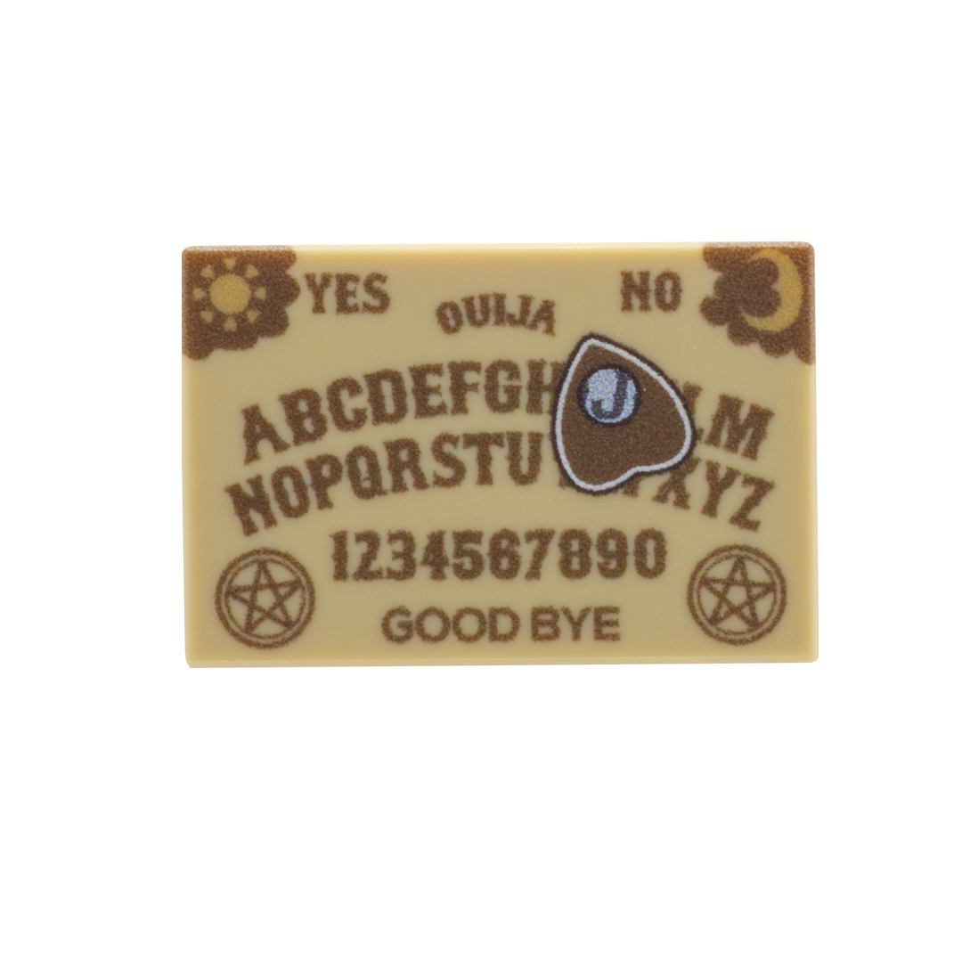 A rectangular custom LEGO tile designed as a Halloween-style Ouija board, featuring brown lettering and symbols on a light tan board.