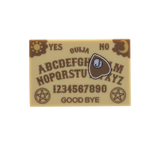 A rectangular custom LEGO tile designed as a Halloween-style Ouija board, featuring brown lettering and symbols on a light tan board.