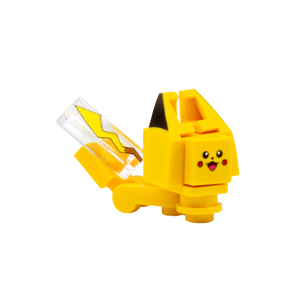 Custom-printed LEGO minibuild inspired by Pikachu Pokémon from games and TV show, made from yellow LEGO parts with printed face, ears and tail tiles. 
