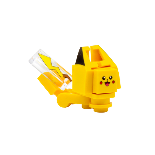 Custom-printed LEGO minibuild inspired by Pikachu Pokémon from games and TV show, made from yellow LEGO parts with printed face, ears and tail tiles. 