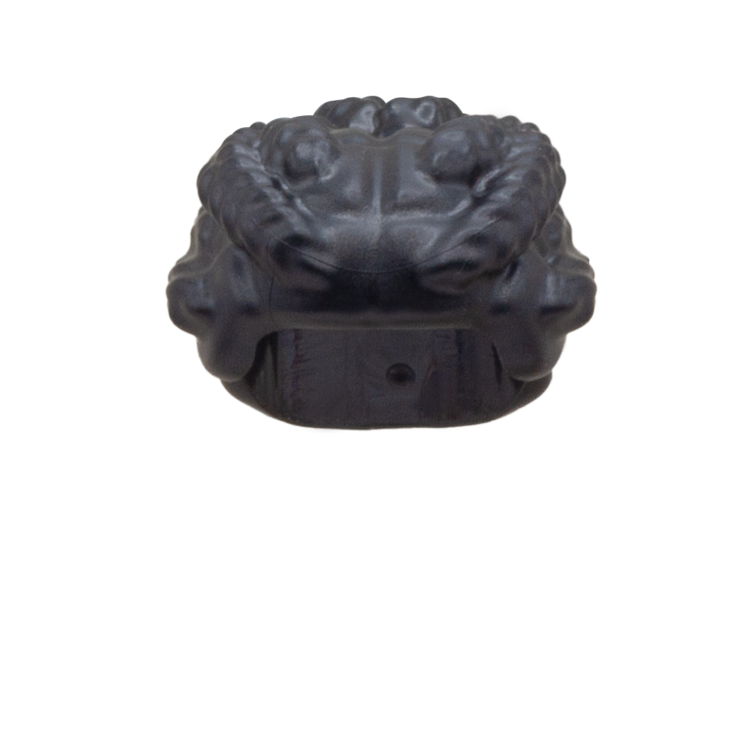 Black LEGO minifigure hair accessory - braided hair pulled up into a bun. Front view.