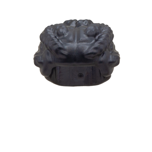 Black LEGO minifigure hair accessory - braided hair pulled up into a bun. Front view.