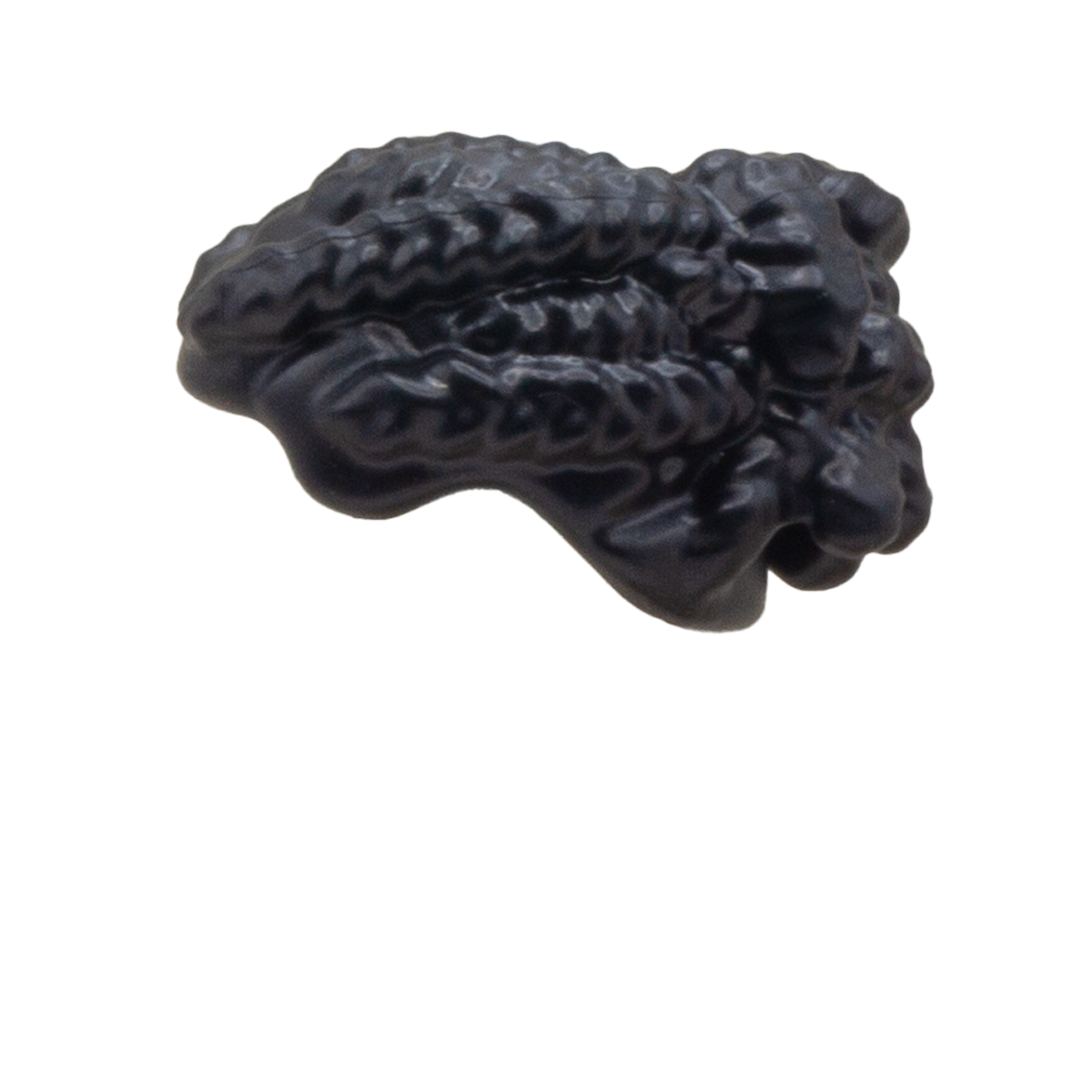 Black LEGO minifigure hair accessory - braided hair pulled up into a bun. Side view.