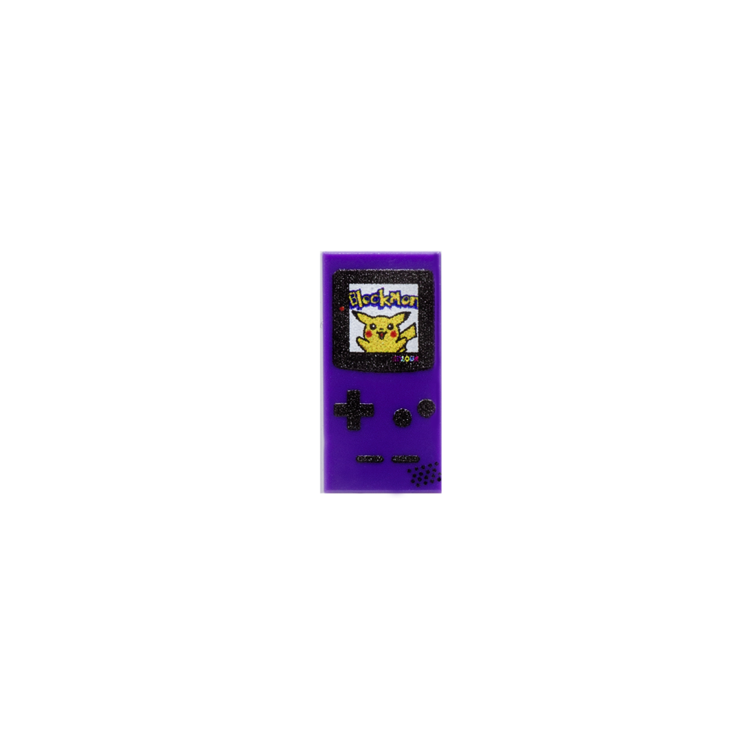 Purple Nintendo Game Boy console printed on a LEGO tile with Pikachu game inspired design.