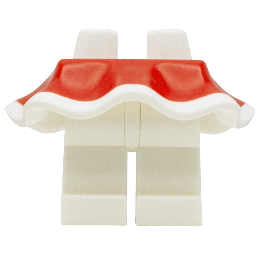 White LEGO legs with a red plastic festive flowing skirt on top