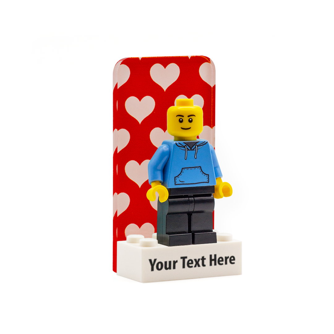 red and white hearts personalised display panel for minifigures