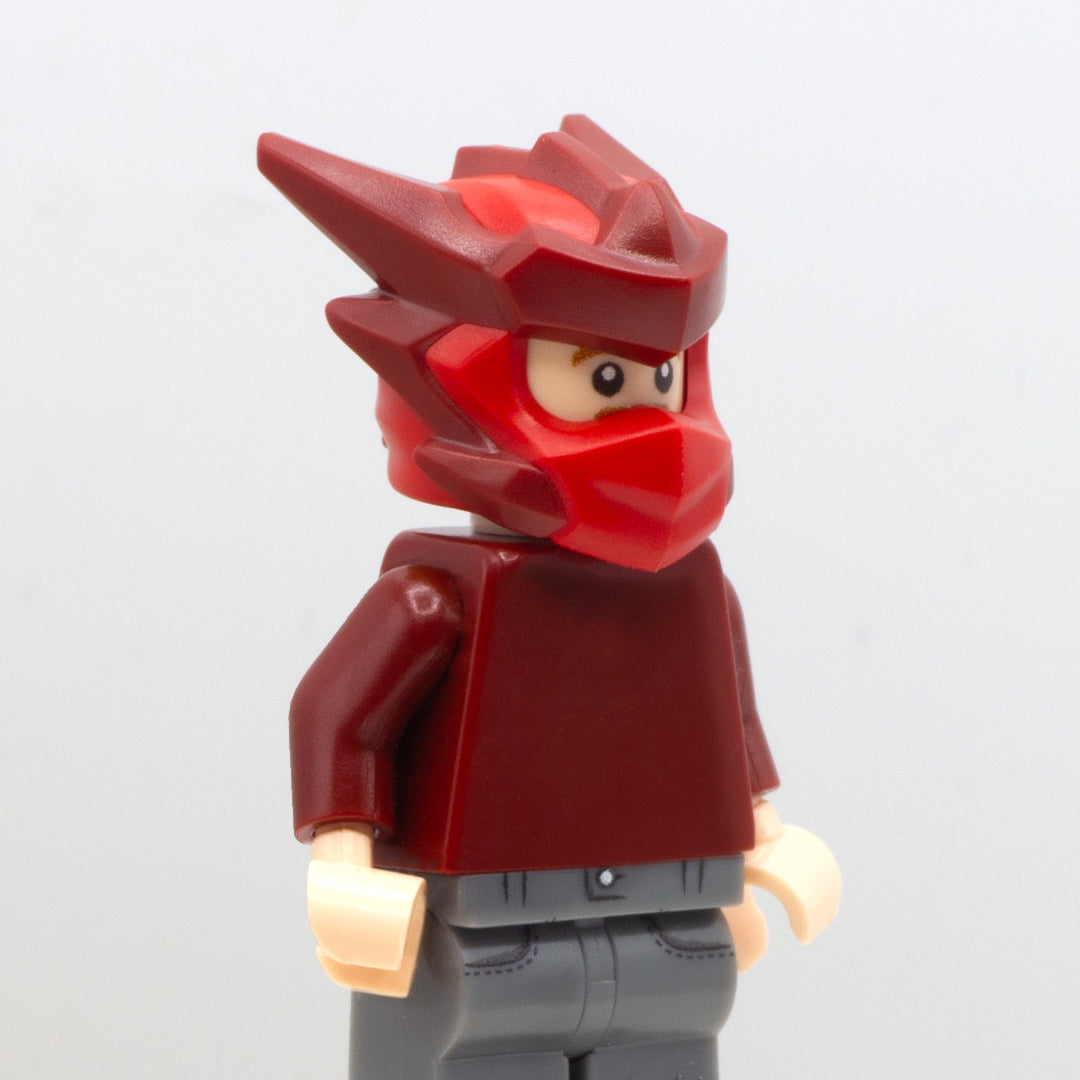 LEGO Minifigure wearing genuine LEGO Ninjago Dragons Rising headgear in red (Kai in Dragon Form).