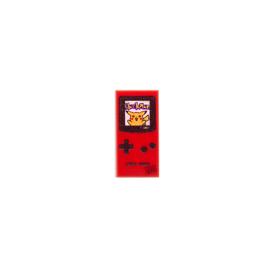 Red Nintendo Game Boy console printed on a LEGO tile with Pikachu game inspired design