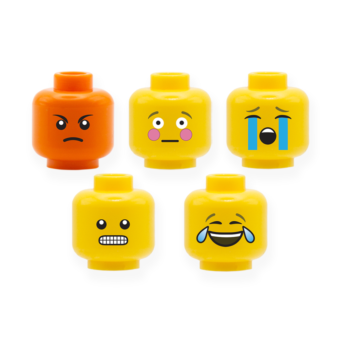 Custom printed LEGO emoji heads (angry, shocked, crying, grimace and laughing)
