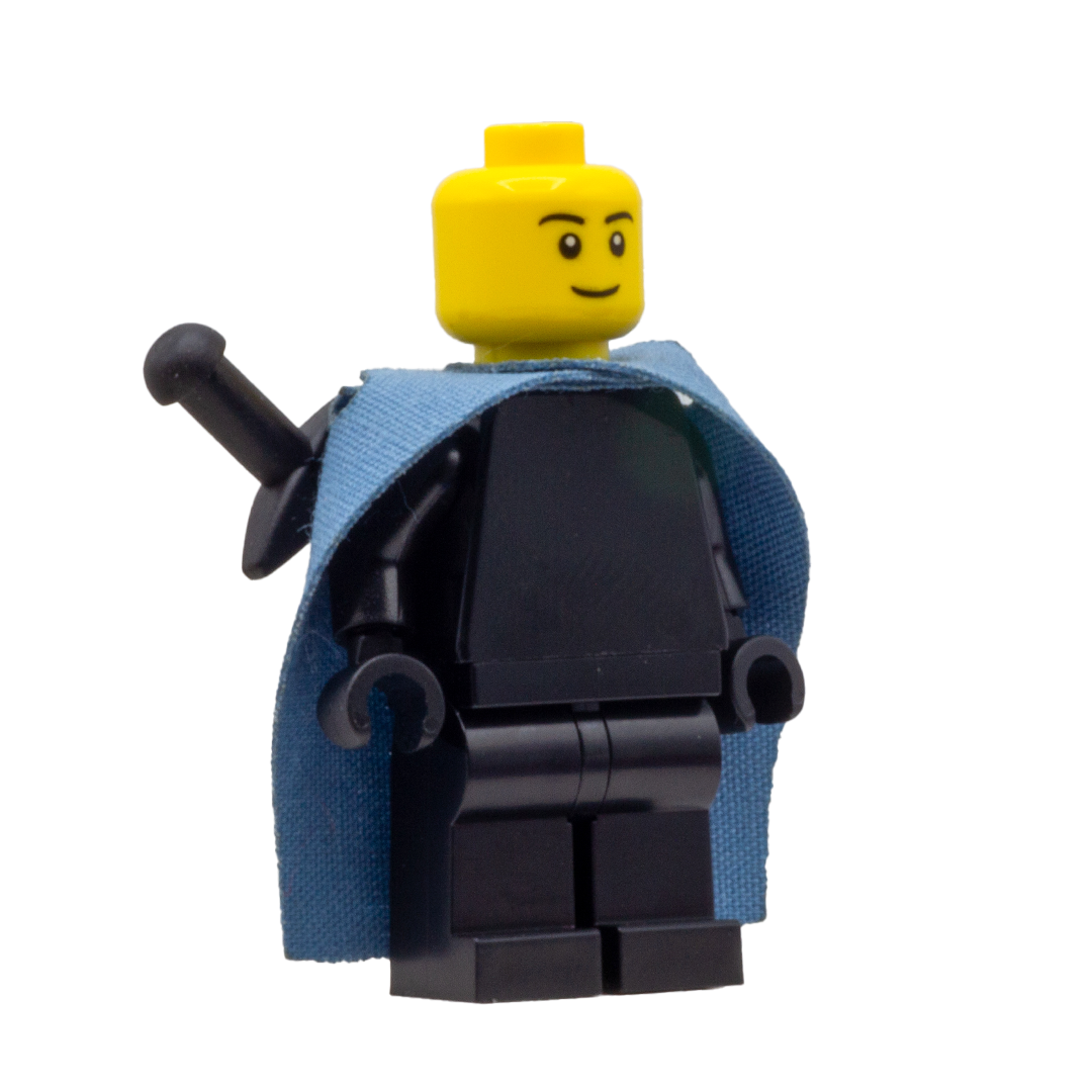 Front view of a minifigure wearing a teal fabric cape with slots for LEGO swords.