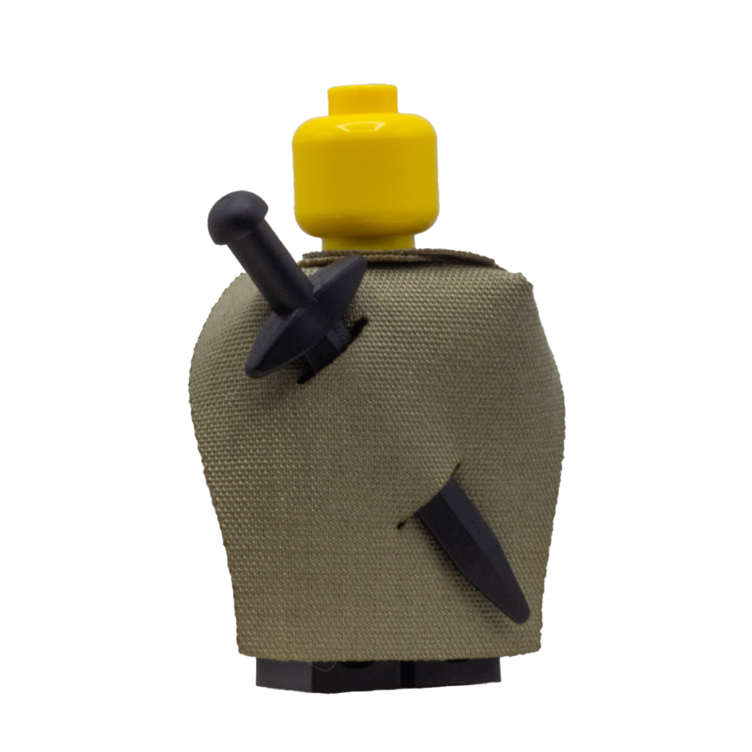 Minifigure wearing a khaki fabric cape with slots for LEGO swords.