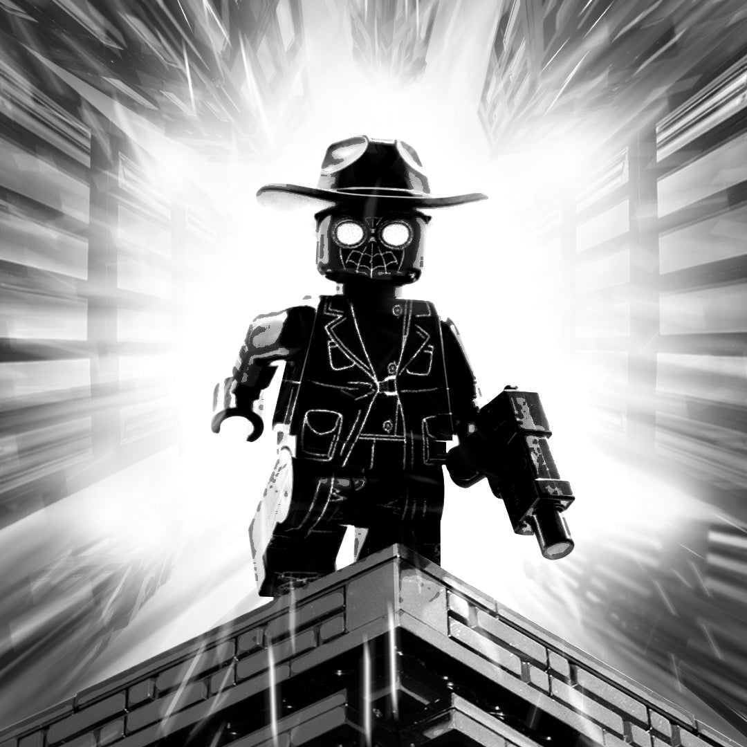 Custom LEGO minifigure inspired by Spider Noir Marvel character, wearing black hat, black Spiderman mask, and a long black coat printed on with details. 