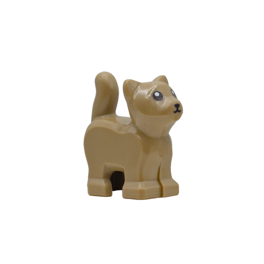 A small, light brown standing kitten LEGO accessory with its tail up and cute eyes.