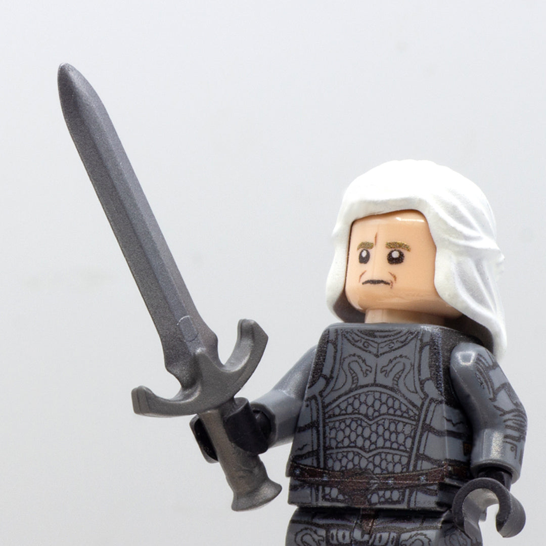 Custom minifigure holding silver sword accessory.