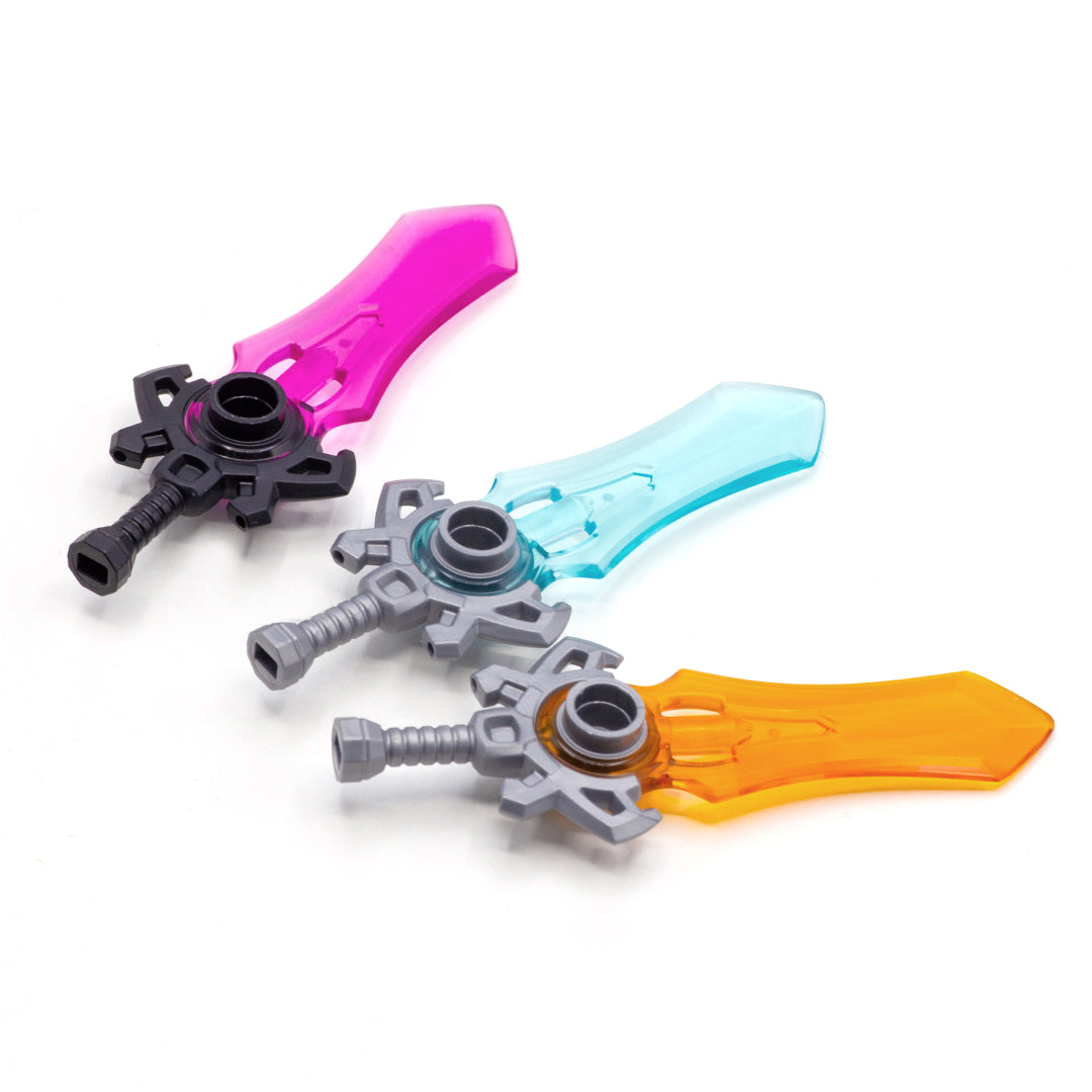 Three colours of large translucent fantasy swords