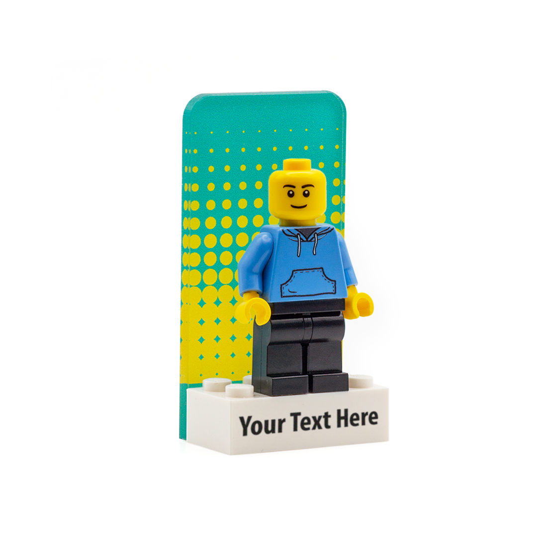 Screen Tone Yellow & Teal Single Display - Laser Cut Display with Personalised LEGO Brick