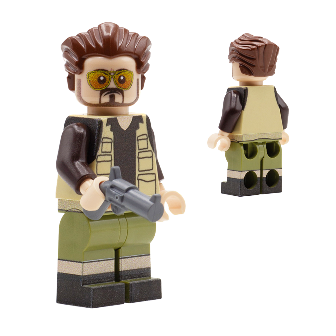 Custom minifigure inspired by Walter, a character from The Big Lebowski movie, wearing his characteristic outfit and holding a LEGO revolver. 