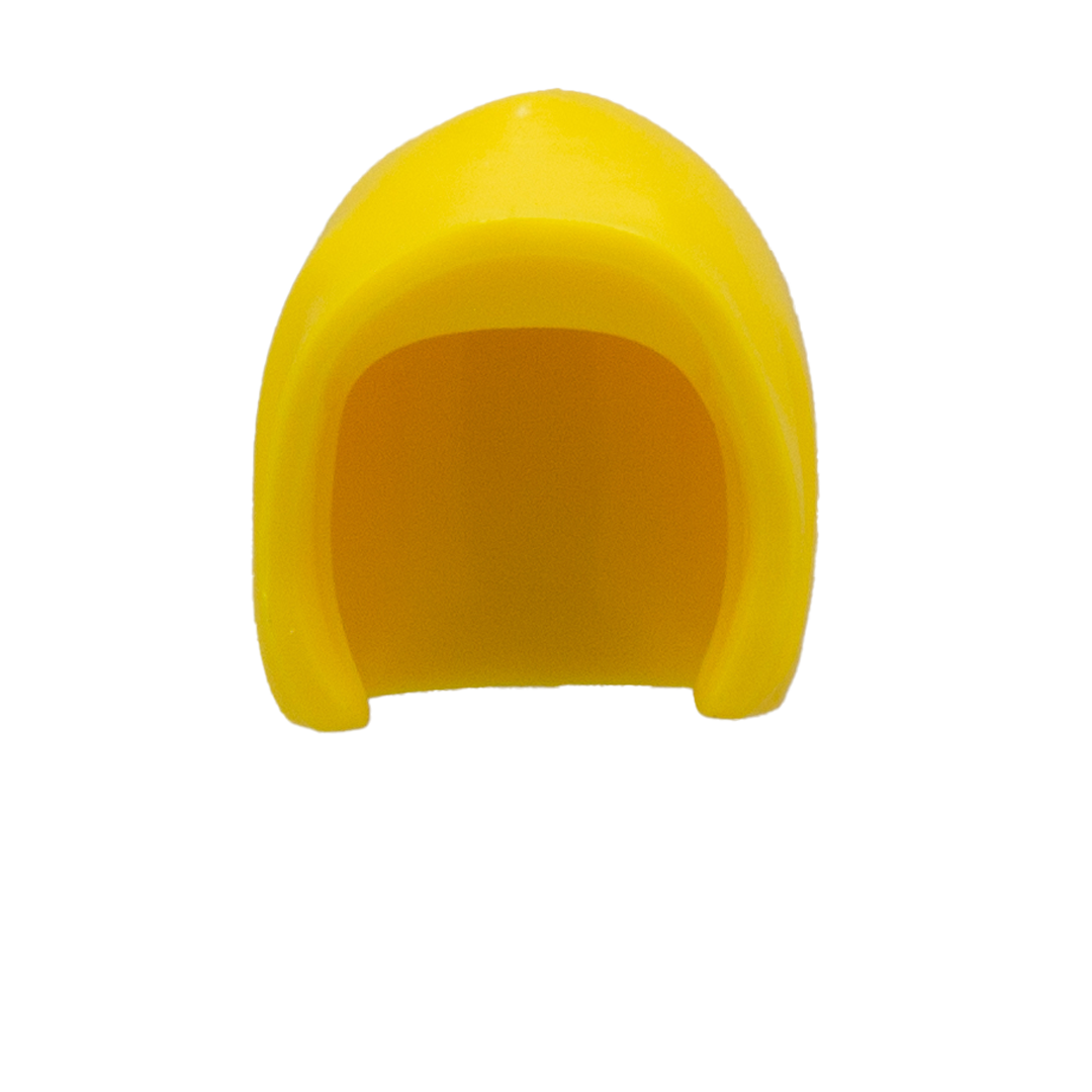 Yellow LEGO hood minifigure accessory. Front view.