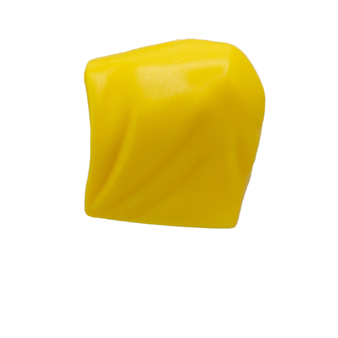 Yellow LEGO hood minifigure accessory. Side view.